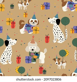  birthday seamless pattern with  fun dogs and gifts