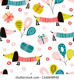 Birthday seamless pattern with funny dog dachshund, gifts and balloons. Vector illustration in cartoon style.