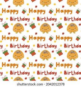 Birthday seamless pattern with funny monsters. Vector illustration