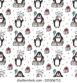 Birthday seamless pattern with funny penguins. Celebratory background. Holiday party wallpaper.