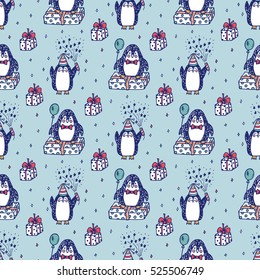 Birthday seamless pattern with funny penguins. Celebratory background. Holiday party wallpaper.