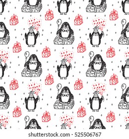 Birthday seamless pattern with funny penguins. Celebratory background. Holiday party wallpaper.