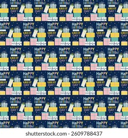 Birthday seamless pattern with gifts and lettering