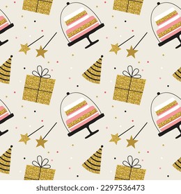 Birthday Seamless pattern with glitter golden elements. Vector illustration in trendy simple style