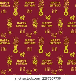 Birthday seamless pattern with greetings and bunch of flowers with candles on red background. Vector outline illustration in kids style. Ideal for background, wallpaper, wrapping, textile scrapbooking