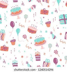 Birthday Seamless Pattern. Hand Drawn Celebration Elements Background.