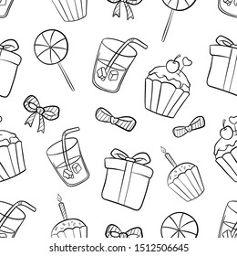 Birthday Seamless Pattern With Hand Drawn or Doodle Style on White Background