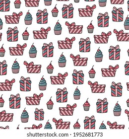 Birthday seamless pattern with hand drawn gifts and cakes for wrapping paper, stationary, scrapbooking, textile prints, wallpaper, etc. EPS 10
