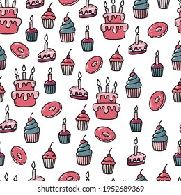 Birthday seamless pattern with hand drawn muffins and cakes for wrapping paper, stationary, scrapbooking, textile prints, wallpaper, etc. EPS 10