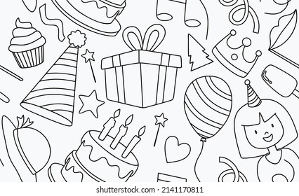 Birthday seamless pattern. Hand drawn sketch illustration