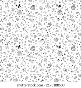 Birthday seamless pattern. Hand drawn party theme. Happy Birthday. Cute doodle background. Vector illustration