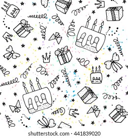 Birthday seamless pattern. Hand drawn sketch illustration.  Background for your design. Vector illustration.