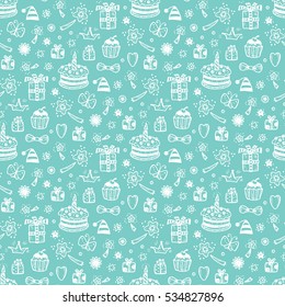 Birthday Seamless pattern. Hand drawn doodle birthday cake, gift and other Party Supplies. Celebratory background. Holiday Wallpaper.