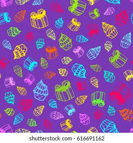 Birthday seamless pattern in hand-drawn doodle style.
Vector colorful illustration of cakes, birthday gifts, boxes.