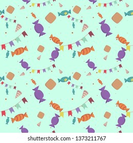 Birthday seamless pattern with holiday flags and sweets.