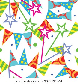 Patrón sin fisuras de cumpleaños. banderas de vacaciones, estrellas. Imagen vectorial. 