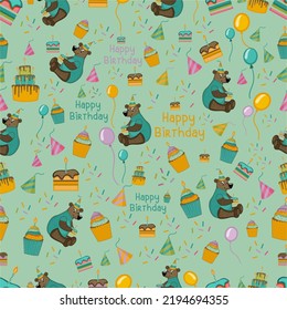Birthday seamless pattern for kids with bears, cakes, balloons, birthday hats, cupcakes, candles for stationary, printing invitations, birthday bags