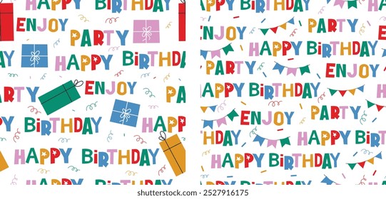 Birthday seamless pattern lettering, gift box, set of two seamless pattern