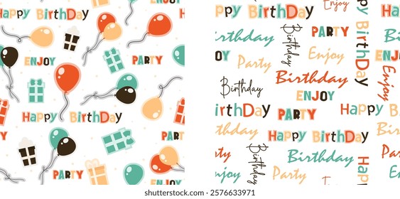 Birthday seamless pattern lettering, gift box, set of two seamless pattern, balloons, gift 