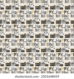 Birthday seamless pattern with lettering and gifts