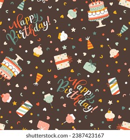 Birthday seamless pattern with lettering inscription. Vector hand drawn cartoon illustration of festive elements, cake with cupcakes and confetti. The vintage fun palette is perfect for gift wrapping