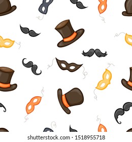Birthday seamless pattern with masquerade accessories on a white background. Cartoon style. Vector