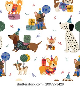  Birthday Seamless Pattern With Nice Funny Dogs And Gifts