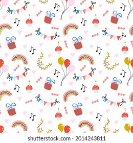 Birthday seamless pattern on white background. Celebratory vector hand drawn illustration with birthday cake, gift, rainbow and other Party Supplies. Holiday Wallpaper. Wrapping or scrapbook paper.
