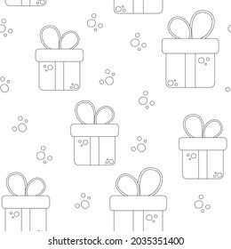 Birthday seamless pattern. On white background. Doodle, black and white illustration. Surprise, gift, show, children's party, new year, congratulations. Design for postcards, wrapping paper.