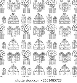 Birthday seamless pattern in outline style on white. Use for kids party designs, celebration packaging, greeting cards, and festive prints