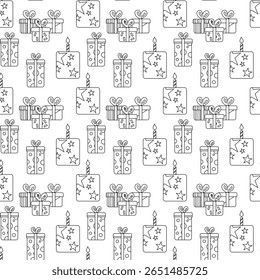 Birthday seamless pattern in outline style on white. Use for kids party designs, celebration packaging, greeting cards, and festive prints
