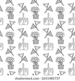 Birthday seamless pattern in outline style on white. Use for kids party designs, celebration packaging, greeting cards, and festive prints
