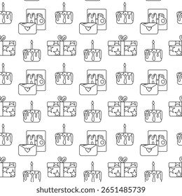 Birthday seamless pattern in outline style on white. Use for kids party designs, celebration packaging, greeting cards, and festive prints
