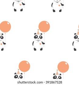 Birthday seamless pattern with pandas on  white background. Party hats and balloons. Vector image.