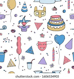 birthday seamless pattern. party caps carnival masks confetti balloons cups with cocktails and drinks, cocktail umbrella, jester toy. color vector stock illustration hand-drawn on a white background