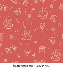 Birthday seamless pattern. Party decorative items. Birthday cream cakes, gift boxes, garlands. Hand drawn background for a party, holiday for children, festival. Vector cartoon illustration. 