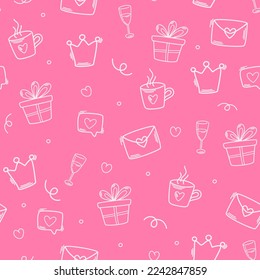 Birthday seamless pattern. Party decorative items. Birthday cream cakes, gift boxes, garlands. Hand drawn background for a party, holiday for children, festival. Vector cartoon illustration. 