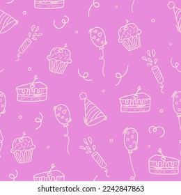 Birthday seamless pattern. Party decorative items. Birthday cream cakes, gift boxes, garlands. Hand drawn background for a party, holiday for children, festival. Vector cartoon illustration. 