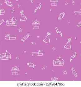 Birthday seamless pattern. Party decorative items. Birthday cream cakes, gift boxes, garlands. Hand drawn background for a party, holiday for children, festival. Vector cartoon illustration. 