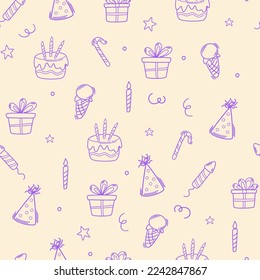 Birthday seamless pattern. Party decorative items. Birthday cream cakes, gift boxes, garlands. Hand drawn background for a party, holiday for children, festival. Vector cartoon illustration. 