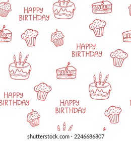 Patrón sin fisuras de cumpleaños. Artículos decorativos de fiesta. Pasteles de crema de cumpleaños, cajas de regalo, guirnaldas. Antecedentes de la mano para una fiesta, vacaciones para niños, festival. Ilustración de dibujos animados. 