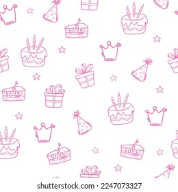 Birthday seamless pattern. Party decorative items. Birthday cream cakes, gift boxes, garlands. Hand drawn background for a party, holiday for children, festival. Vector cartoon illustration. 
