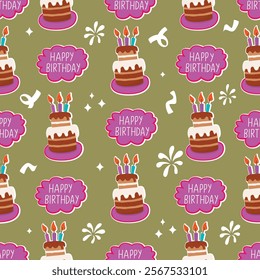 Birthday seamless pattern with speech bubble and cake. Sweet dessert with candles and hand written. Colorful print on fabric and paper. Vector design for textile, wrapping paper. Flat illustration.