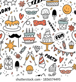 Birthday seamless pattern with the sun, cake, ice cream, candies, arrows, flowers, and etc. It can be used for wallpaper, packaging, and textiles.
