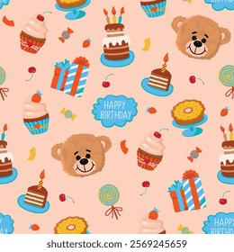 Birthday seamless pattern with sweet desserts, gifts and teddy bear. Cartoon background with tart, cake with candles, cupcake with strawberry and cherry. Vector design for printing on fabric and paper