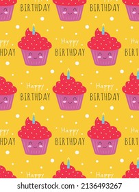 birthday seamless pattern with sweets, cartoon cupcakes isolated on yellow background