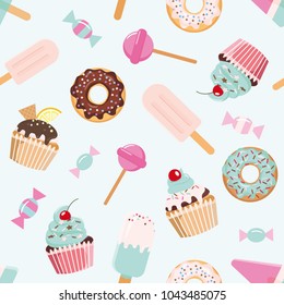 Birthday seamless pattern with sweets. Girly. For print and web.