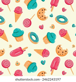 Birthday seamless pattern with sweets - ice cream, donuts, cupcakes, chocolate bar, candies.