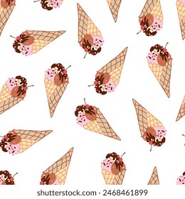 Birthday seamless pattern with sweets - ice cream, donuts, cupcakes, chocolate bar, candies.