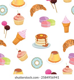 Birthday seamless pattern with sweets - ice cream, donuts, cupcakes, chocolate bar, candies, muffins, food sweets seamless pattern , paper wrapping